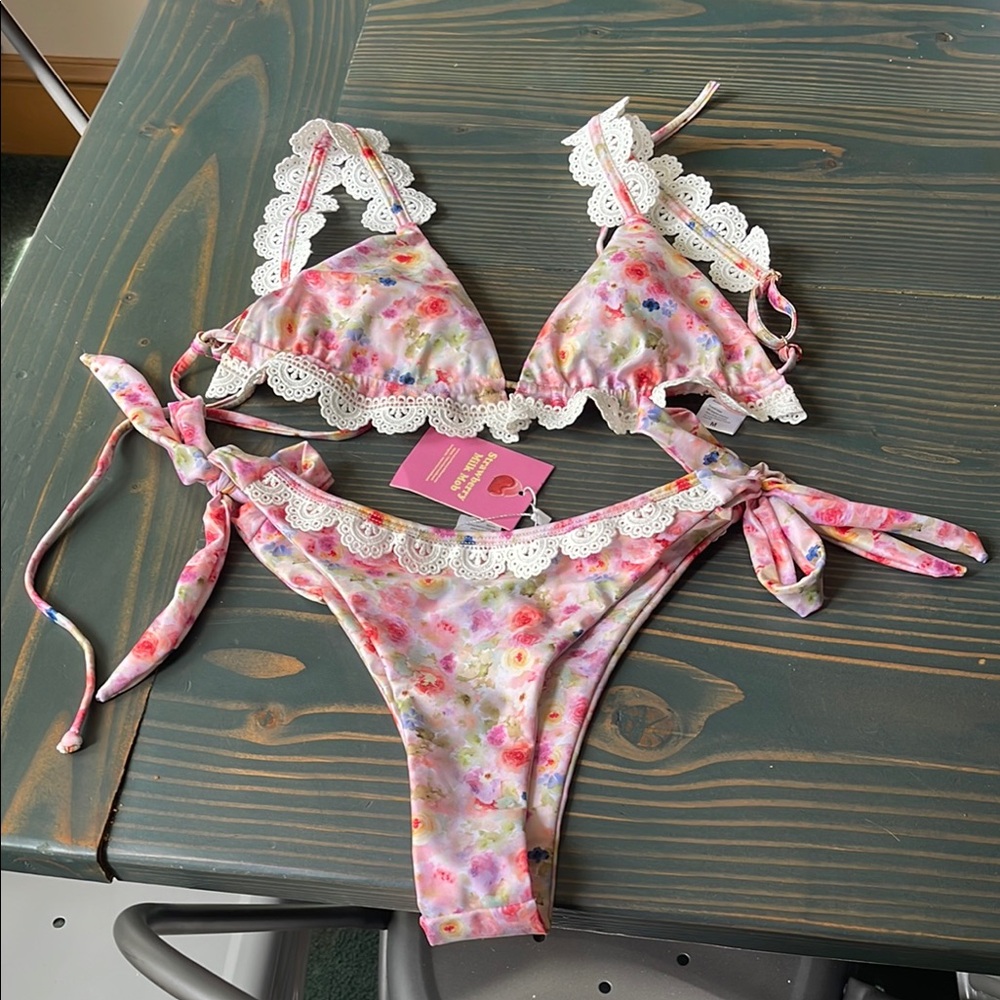 Strawberry Milk Mob Pink and White Bikini with Ruffled Details